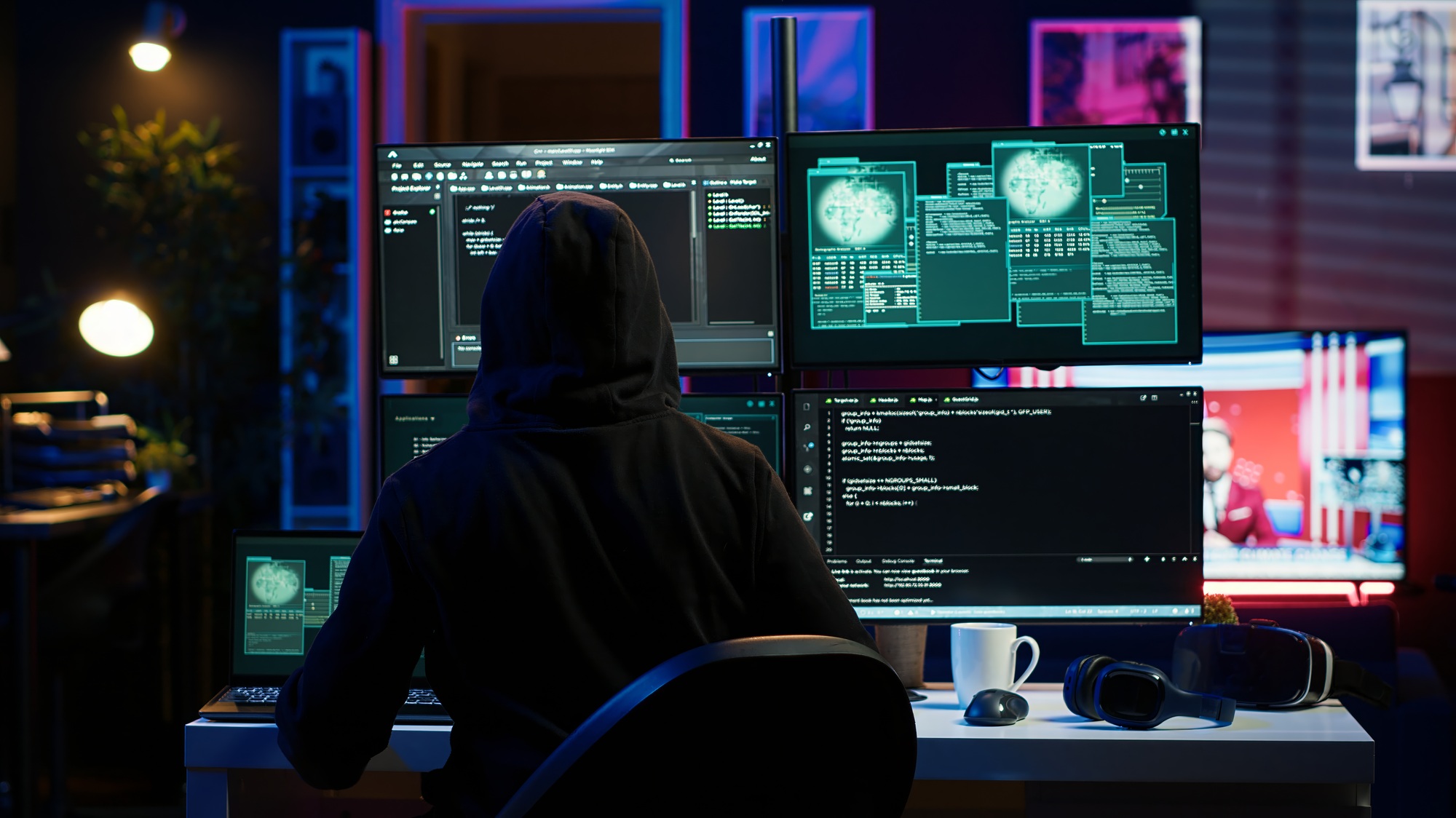 Hacker arriving in hidden underground shelter, prepared to launch DDoS attack